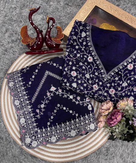 Royal Blue Embroidered Blouse Piece with Intricate Mirror, Sequin & Floral Threadwork – Ready-to-Stitch Fabric for Sarees & Festive Ethnic Wear