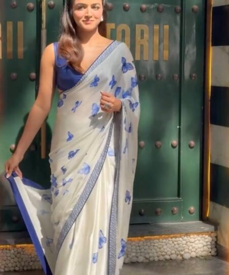 Women's Chic Snow White Georgette Saree with Vibrant Blue Butterfly Digital Print & Contrasting Border – Perfect for Casual Outings & Day Events