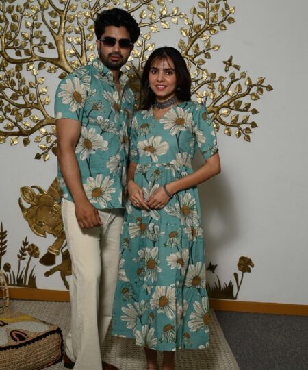Couple Matching Teal-Blue floral Printed Cotton Anarkali Midi Dress & Shirt Set ? Summer Casual Wear