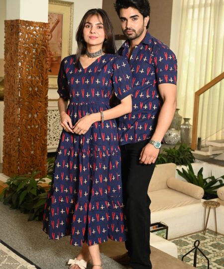 Couple Matching Navy Blue Cotton Printed Anarkali Midi Dress & Shirt Set ? Casual & Festive Wear