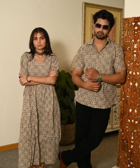 Couple Matching Beige Cotton Anarkali Midi Dress and Shirt Set ? Swirl Block Print