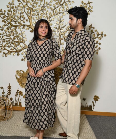 Couple Matching Black & Beige Cotton Anarkali Midi Dress and Shirt Set ? Leaf Print Twinning Outfit