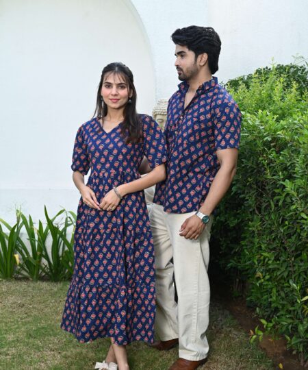Couple Matching Navy Blue Cotton Printed Anarkali Midi Dress & Shirt Set ? Casual & Festive Wear