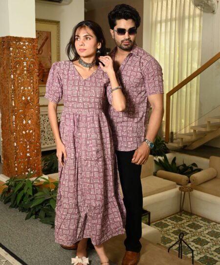 Couple Matching Mauve Cotton Anarkali Midi Dress and Shirt Set ? Abstract Line Print