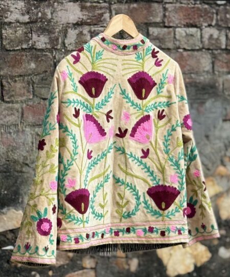 Womens Light Beige Velvet Embroidered Jacket with Floral Design