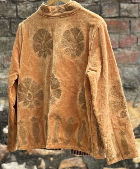 Womens Gold Velvet Embroidered Jacket with Floral Design