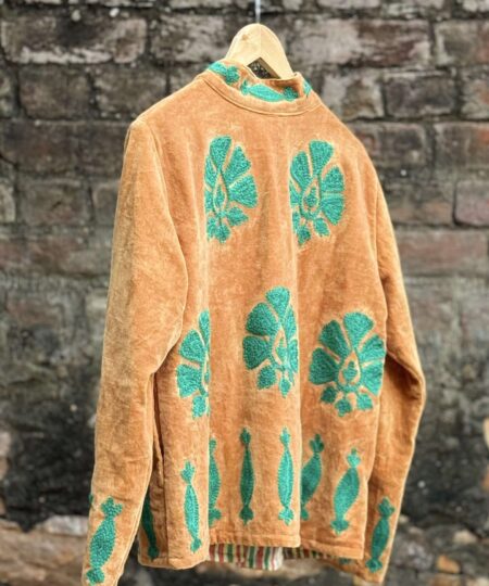 Womens Rust Velvet Embroidered Jacket with Floral Design