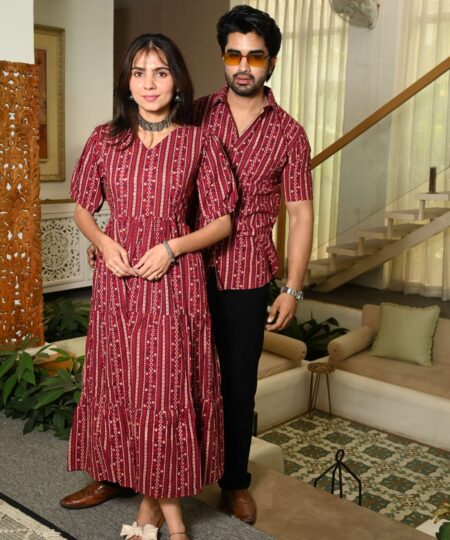 Couple Matching Maroon Cotton Anarkali Midi Dress and Shirt Set ? Vertical Stripe Ethnic Print