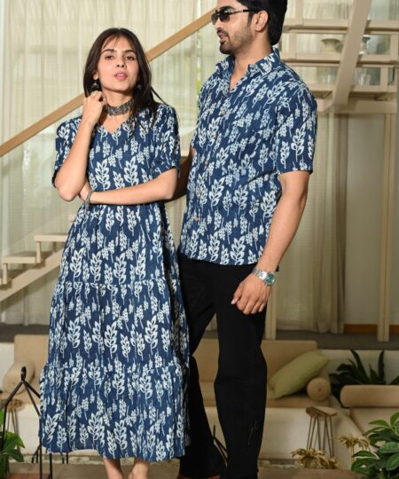 Couple Matching Blue Leaf Print Cotton Anarkali Midi Dress and Shirt Set