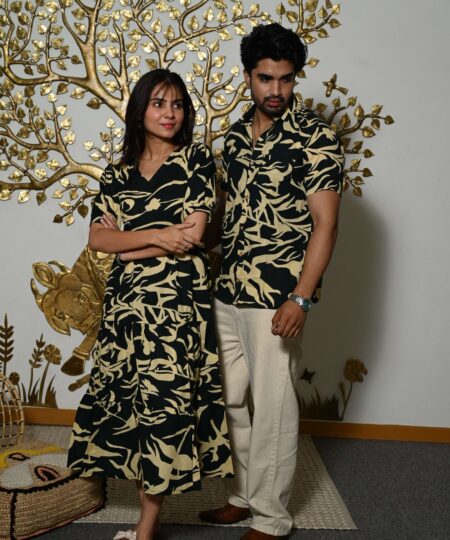 Couple Matching Black Printed Cotton Anarkali Midi Dress & Shirt Set ? Summer Casual Wear