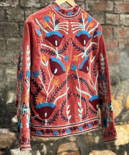 Womens Terracotta Velvet Embroidered Jacket with Floral Design