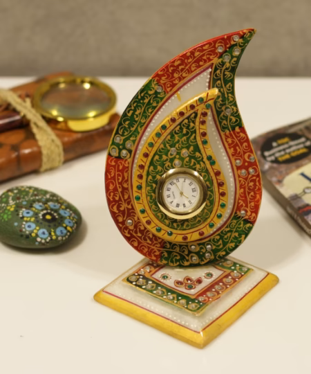 Handcrafted Marble Leaf Table Clock | Traditional Meenakari Paisley Art (8-Inch)