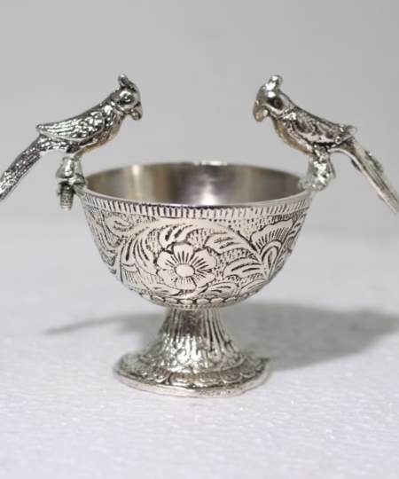 Handcrafted Silver-Finish Metal Parrot Bowl | 6-Inch Decorative Footed Mukhwas & Dry Fruit Bowl