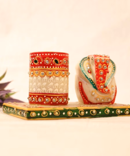 Handcrafted Marble Ganesh Pen Stand with Decorative Base | Meenakari Desk Organizer