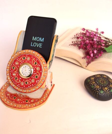 Handcrafted Marble Mobile Stand with Integrated Analog Clock