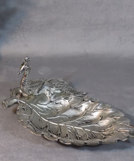 Handcrafted Silver-Finish Metal Peacock Leaf Plate | 9-Inch Decorative Serving Tray
