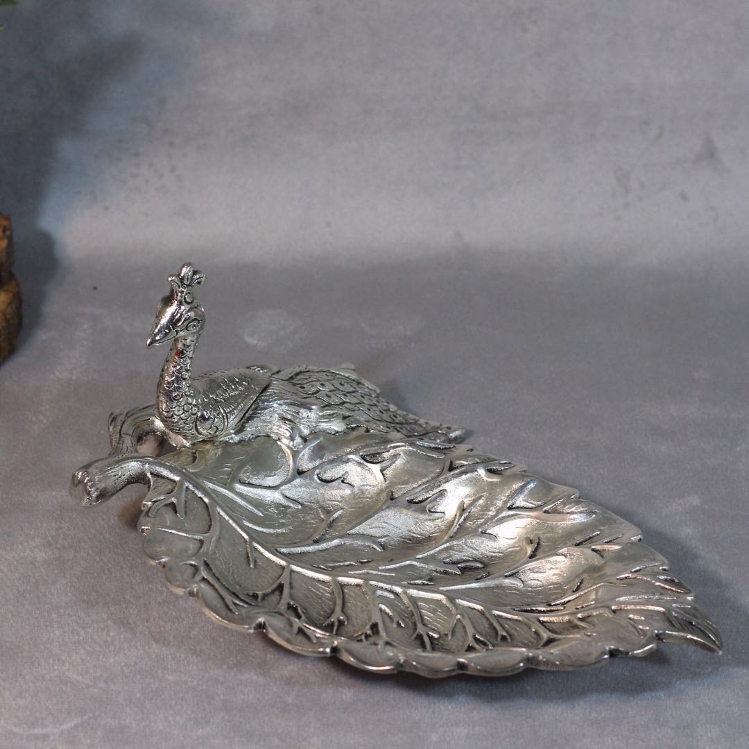 Handcrafted Silver-Finish Metal Peacock Leaf Plate | 9-Inch Decorative Serving Tray