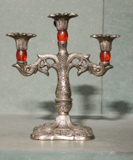 Vintage Silver-Finish Metal 3-Arm Candelabra | Floral Candle Holder with Red Jewel Accents (8-Inch)