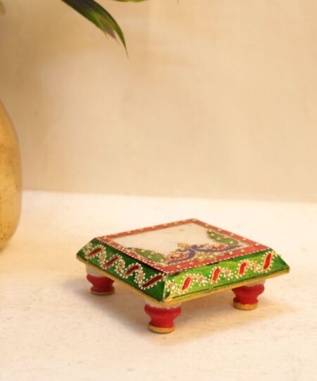 Handcrafted Marble Peacock Choki with Moti Work | 4-Inch Decorative Pedestal