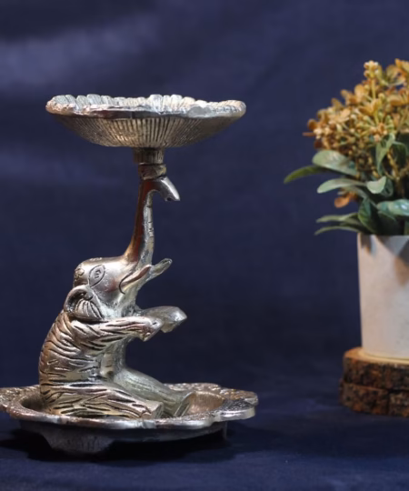 Handcrafted Silver-Finish Metal Elephant Bowl with Plate | 7.5-Inch Decorative Serving Stand