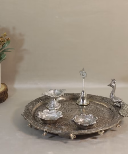 Premium Handcrafted Metal Pooja Thali Set | 11-Inch "New Mor" Peacock Edition (5-Piece Set)