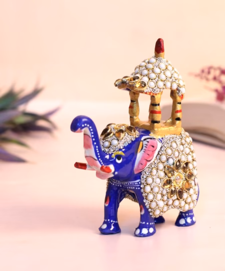 Royal Blue Metal Elephant Ambabari Statue | Handcrafted Stone & Bead Work (3-Inch)