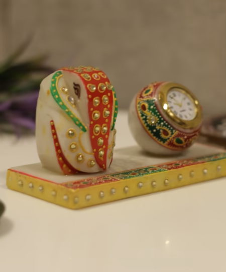 Handcrafted Marble Ganesha Desk Clock | Traditional Meenakari Art Spiritual Timepiece