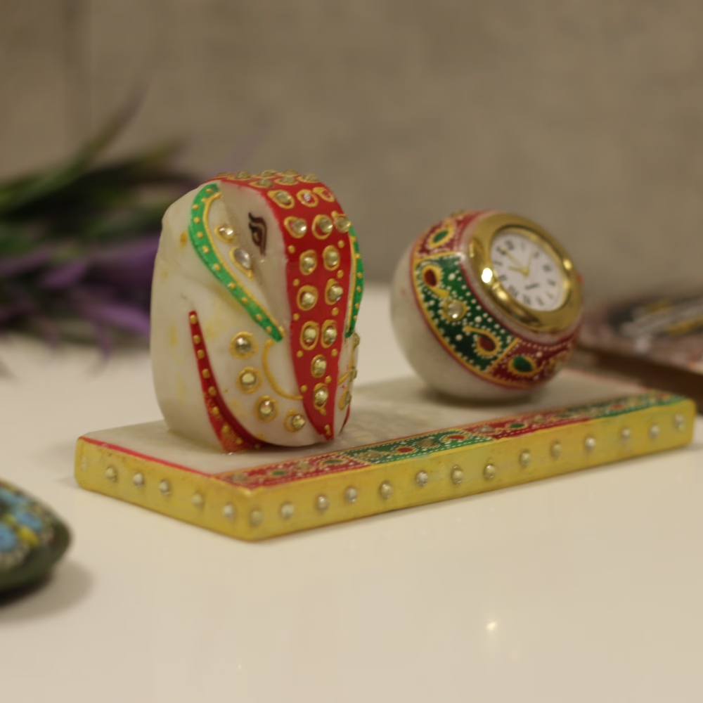 Handcrafted Marble Ganesha Desk Clock | Traditional Meenakari Art Spiritual Timepiece