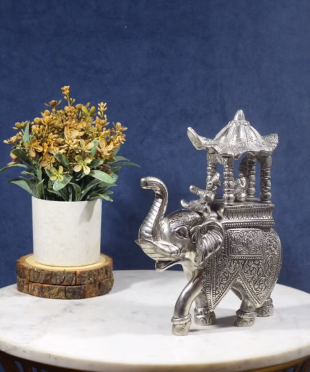 Premium Silver-Finish Metal Ambabari Elephant | 9-Inch Engraved Royal Statue