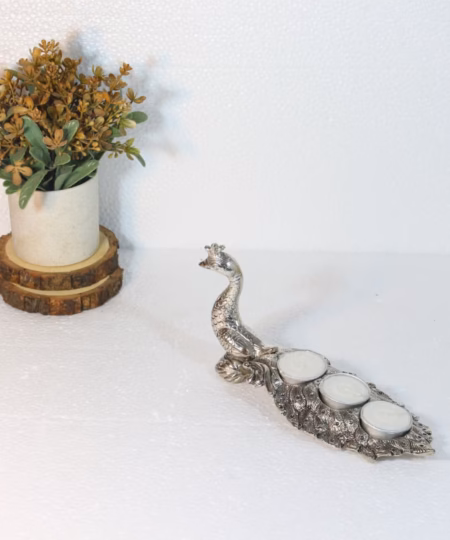 Handcrafted Silver-Finish Metal Peacock Candle Holder | 3-Tealight Trailing Tail Centerpiece (10-Inch)