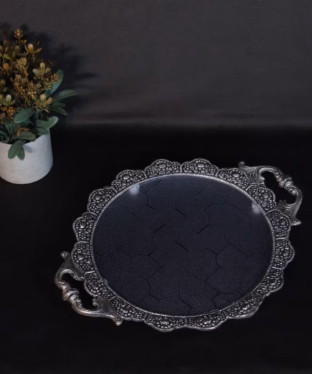 Elegant Silver-Finish Decorative Serving Tray | Metal & Fiber Platter with Ornate Handles (14-Inch)