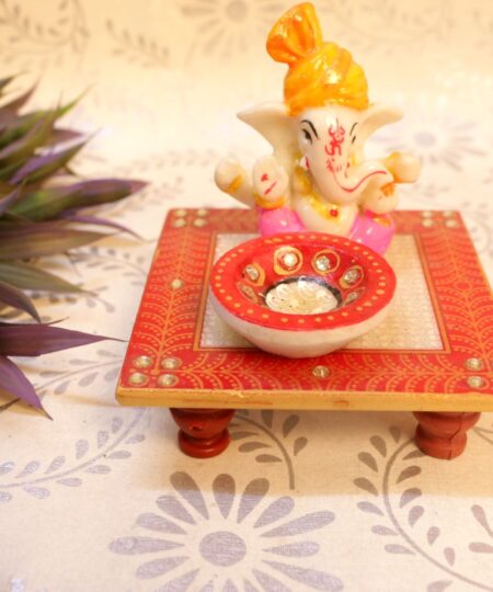 Handcrafted Marble Ganesh Idol on Decorative Choki with Integrated Diya (4-Inch)