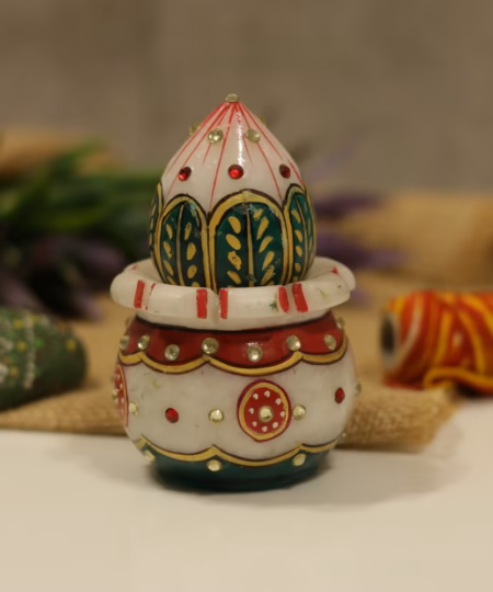 Handcrafted White Marble Kalash Pot | Traditional Meenakari Pooja Lota (4-Inch)