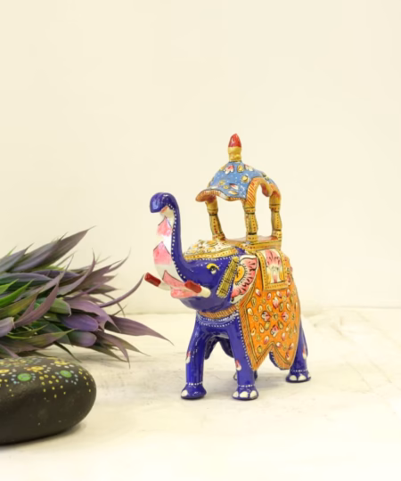Handcrafted Royal Blue Meenakari Metal Elephant with Ambabari | 4-Inch Royal Statue