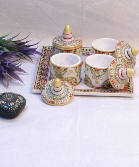 Handcrafted Marble Dry Fruit Set | 4-Bowl Serving Tray with Meenakari Art