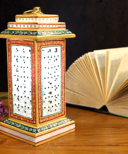 Royal Peacock Marble Jali Lantern - Hand-Painted Lattice Work