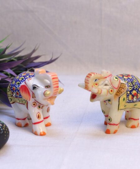 Handcrafted Marble Elephant Figurine Set (Set of 2) | Traditional Painted Art