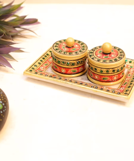 Handcrafted Marble Twin Bowl Set with Tray | Meenakari Peacock & Floral Art