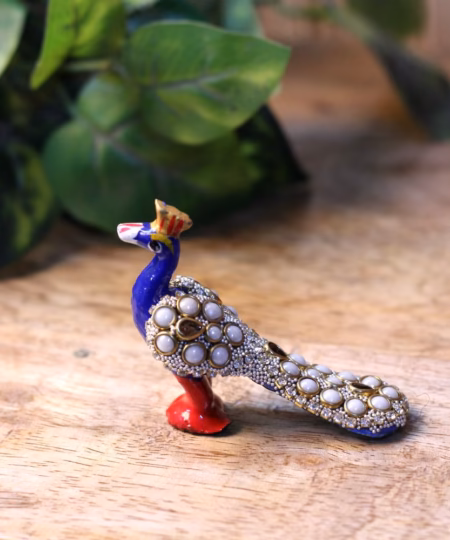 Miniature Handcrafted Metal Peacock Figurine | Meenakari & Stone-Studded Decor (3-Inch)