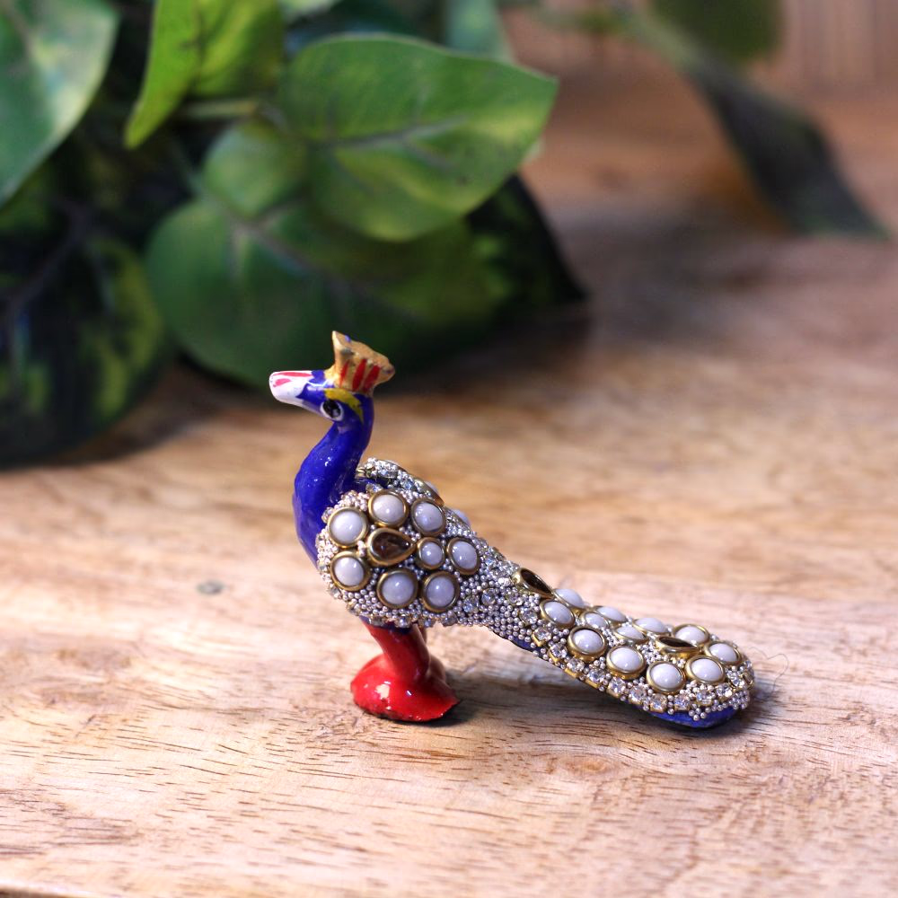 Miniature Handcrafted Metal Peacock Figurine | Meenakari & Stone-Studded Decor (3-Inch)