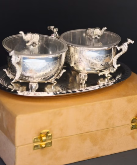 Premium Brass Elephant & Peacock Serving Set | 2 Bowls, Tray & Spoons in Velvet Box