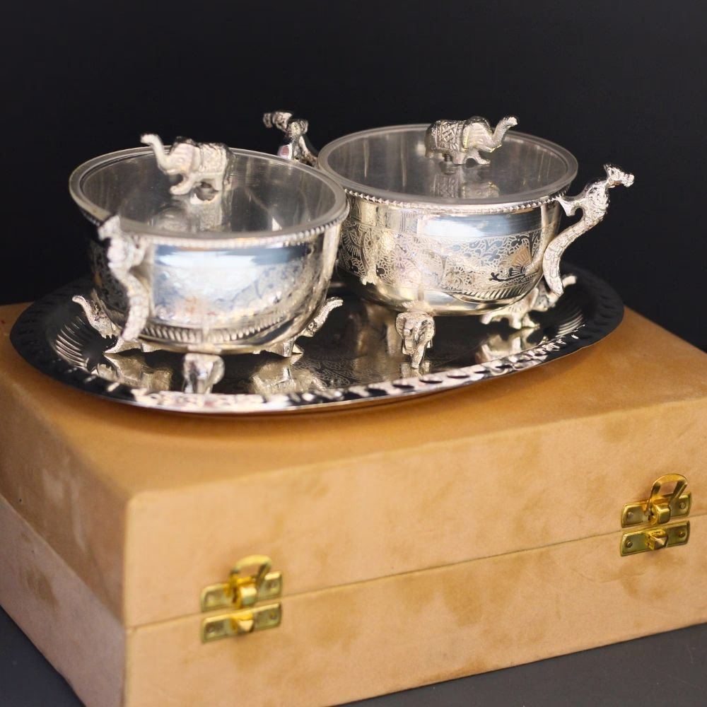 Premium Brass Elephant & Peacock Serving Set | 2 Bowls, Tray & Spoons in Velvet Box
