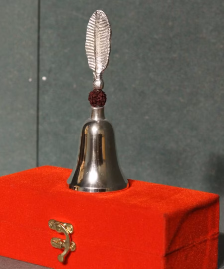 Premium German Silver Pooja Bell | Feather Handle & Rudraksha Bead with Velvet Box