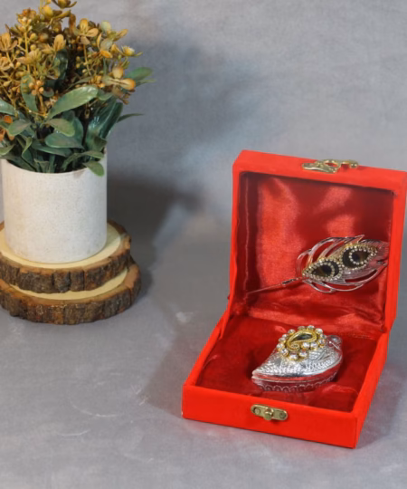 Premium German Silver Sindoor Box & Salai Set | Peacock Feather Design with Velvet Box