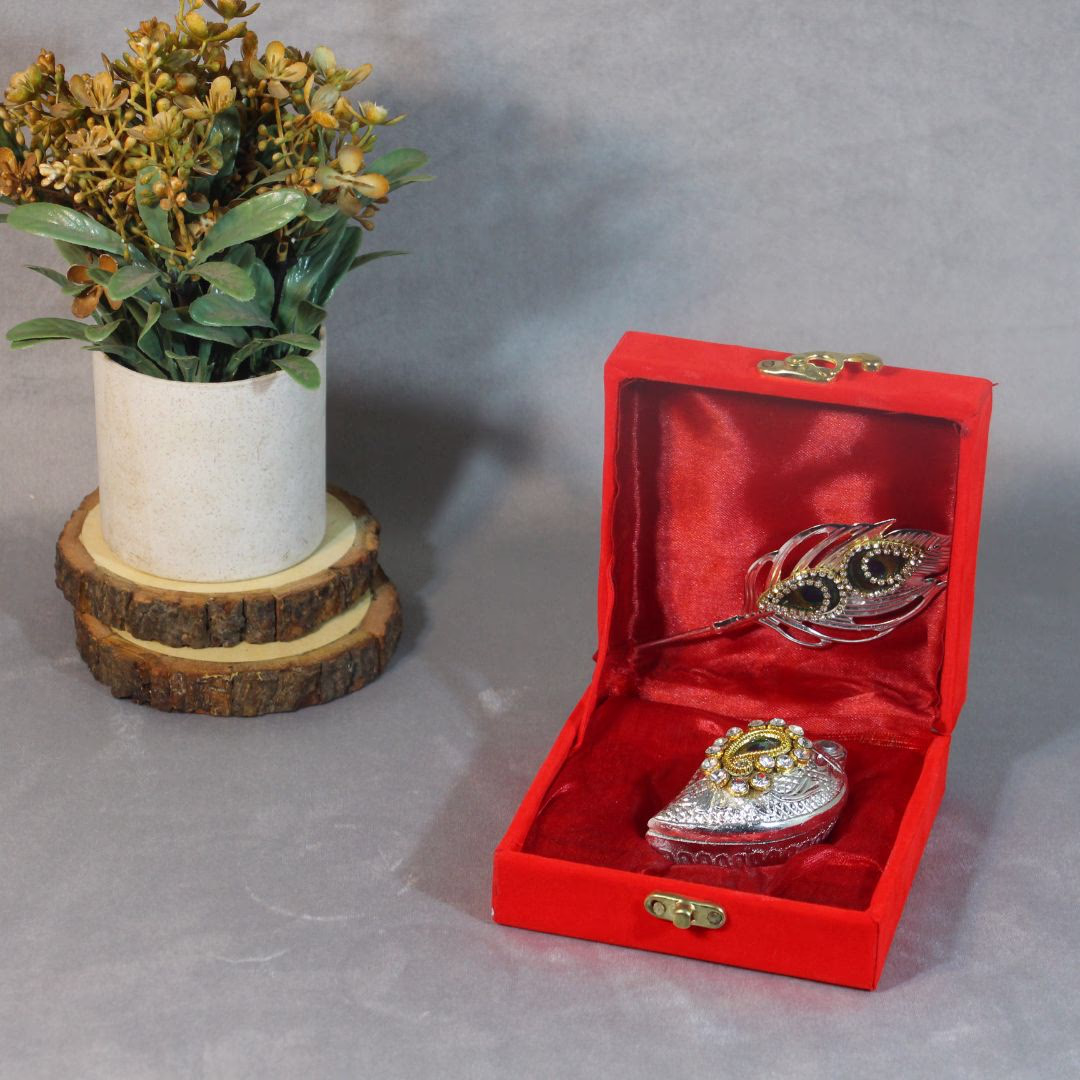 Premium German Silver Sindoor Box & Salai Set | Peacock Feather Design with Velvet Box