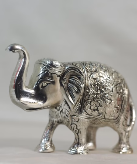 Handcrafted Silver-Finish Engraved Metal Elephant | Miniature Auspicious Decor (5-Inch)