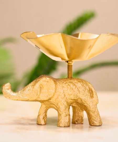 Handcrafted Golden Iron Elephant Diya | Rustic Lotus Tea Light Holder