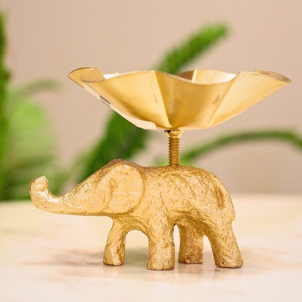 Handcrafted Golden Iron Elephant Diya | Rustic Lotus Tea Light Holder