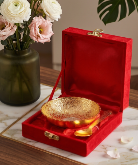 Premium Gold-Finish German Silver Bowl Set | Engraved Serving Bowl with Spoon & Velvet Box (3.5-Inch)