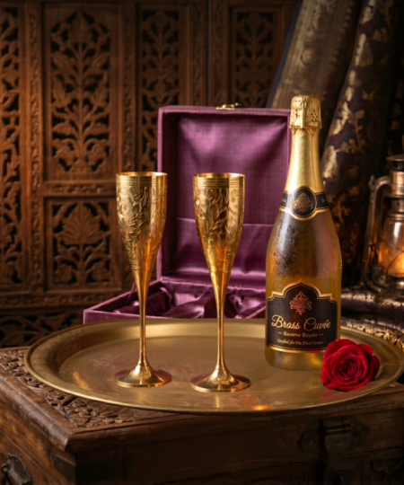 Premium Brass Wine Glass Set | Handcrafted Golden Naperi Flutes with Velvet Box (Set of 2)